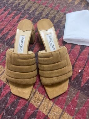 Jimmy Choo Tan Suede Block Heel Mules Size 37 Square Toe Sandals